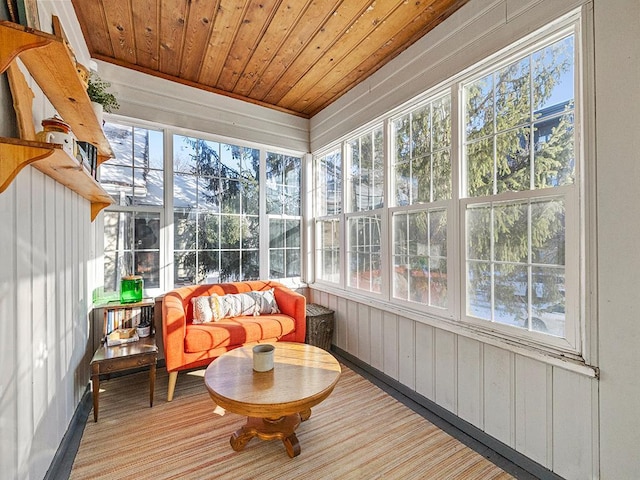 sunroom featuring wooden ceiling