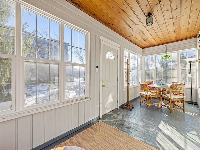 sunroom with wood ceiling