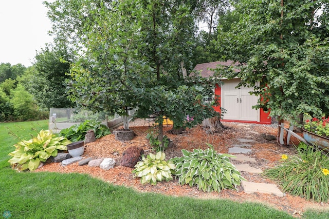 view of yard with a storage unit