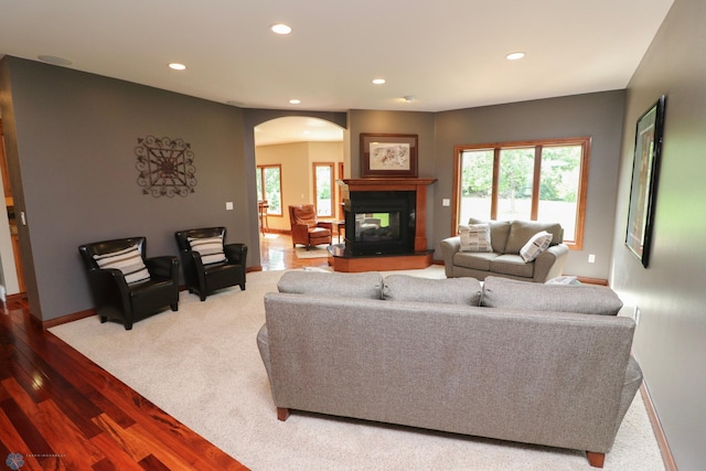 living room featuring hardwood / wood-style flooring and a multi sided fireplace