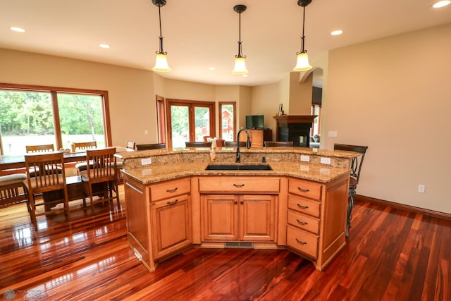 kitchen featuring light stone counters, a kitchen island with sink, sink, and a wealth of natural light