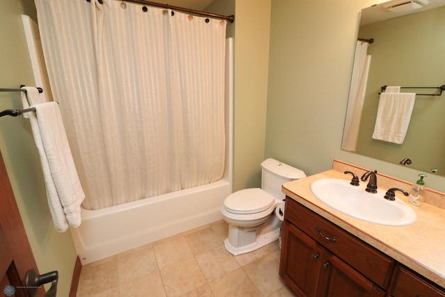 full bathroom featuring shower / bath combination with curtain, vanity, toilet, and tile patterned flooring