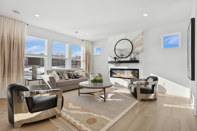 living room with light hardwood / wood-style floors and a fireplace