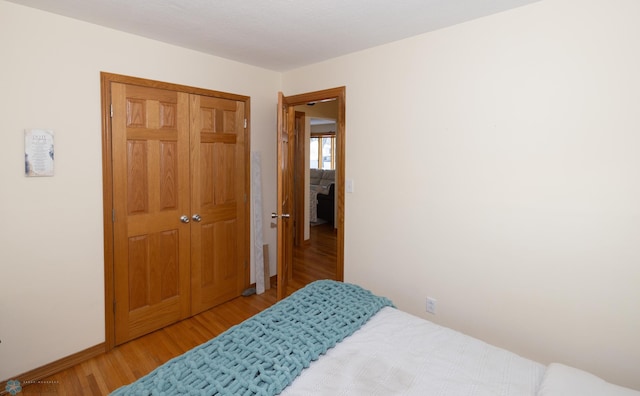 bedroom with hardwood / wood-style flooring and a closet