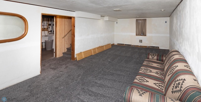 basement featuring dark colored carpet and a textured ceiling