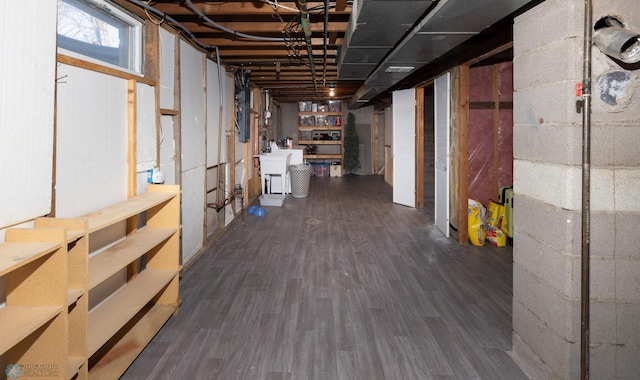 basement featuring dark hardwood / wood-style flooring