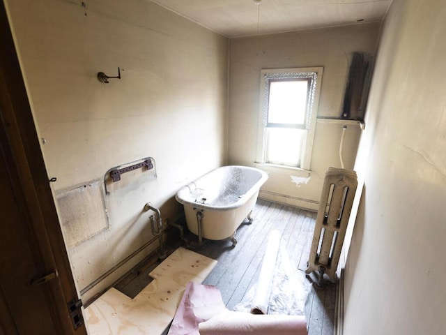 bathroom featuring wood-type flooring and a tub to relax in