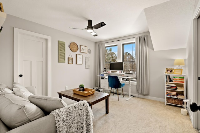 office featuring light colored carpet and ceiling fan