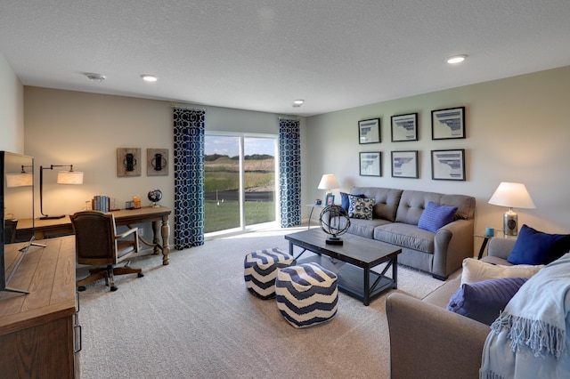 carpeted living room featuring a textured ceiling