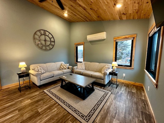 living room with high vaulted ceiling, wood ceiling, dark wood-type flooring, and a wall unit AC