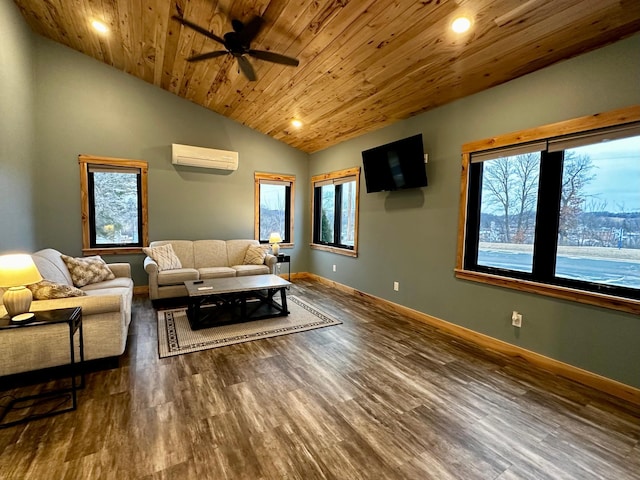 living room featuring vaulted ceiling, an AC wall unit, plenty of natural light, and wood ceiling