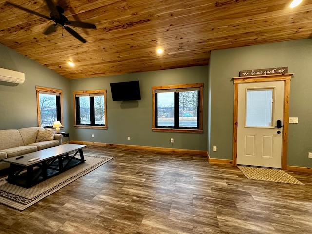 living room with wood ceiling, lofted ceiling, a wall mounted air conditioner, and ceiling fan