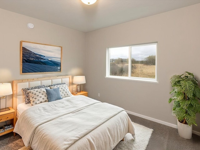 bedroom featuring dark carpet