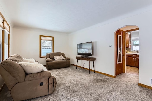 carpeted living room featuring sink