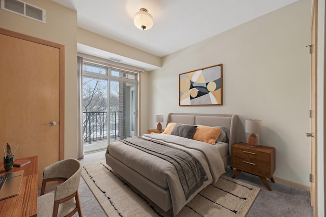 bedroom with baseboards, access to outside, visible vents, and light colored carpet