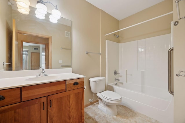 full bath featuring toilet, visible vents, vanity, tub / shower combination, and tile patterned floors