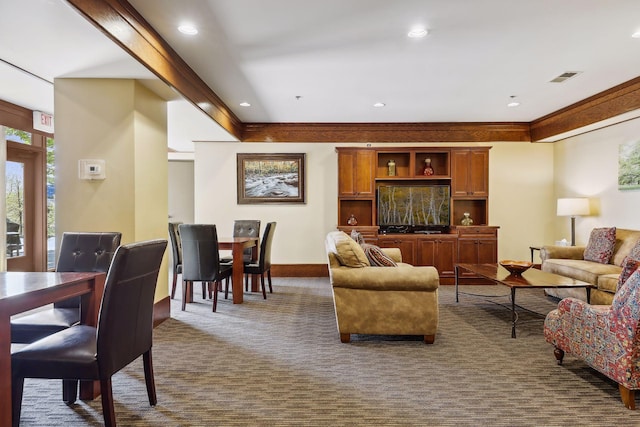 living room featuring recessed lighting, visible vents, dark carpet, and baseboards