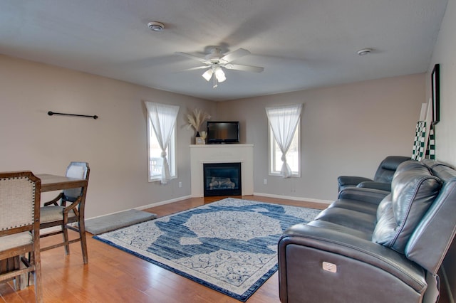 living room with hardwood / wood-style floors, a healthy amount of sunlight, and ceiling fan