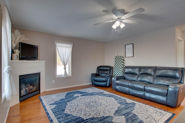 living room with hardwood / wood-style flooring and ceiling fan