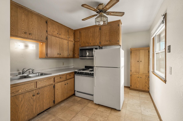 kitchen featuring ceiling fan, sink, and white appliances