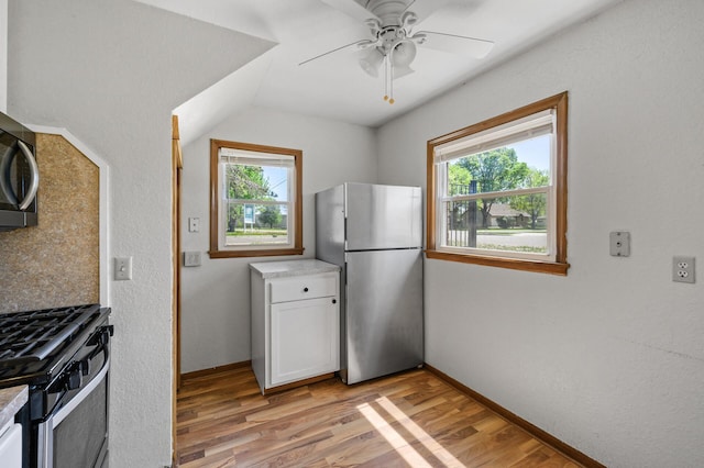 kitchen with appliances with stainless steel finishes, light wood-style flooring, and plenty of natural light