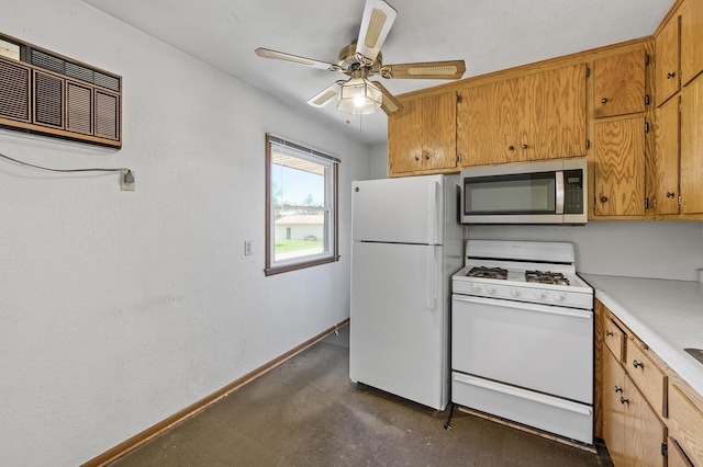 kitchen featuring white appliances, baseboards, finished concrete flooring, ceiling fan, and light countertops