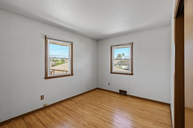 empty room with plenty of natural light, light wood finished floors, and baseboards