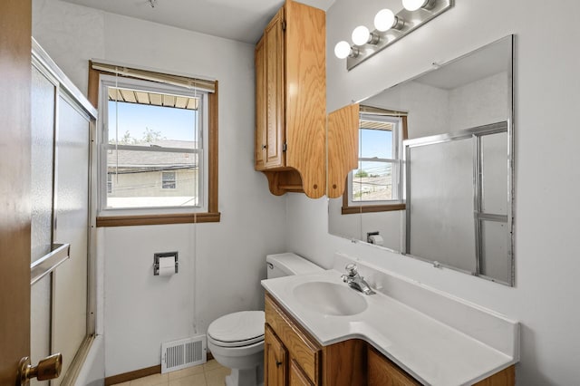 full bathroom with toilet, a shower with door, vanity, and baseboards