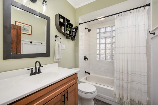 full bathroom with vanity, ornamental molding, shower / bathtub combination with curtain, and toilet