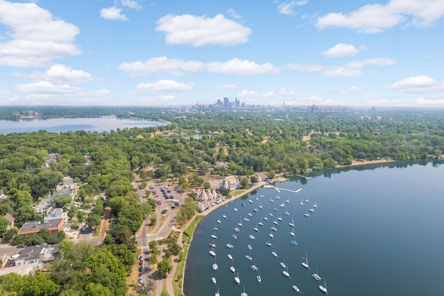 drone / aerial view featuring a water view