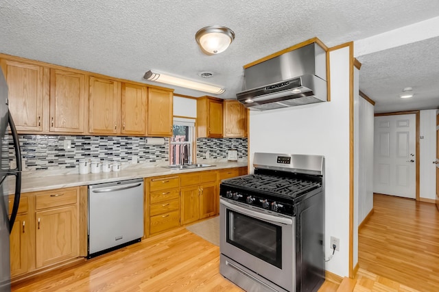 kitchen featuring sink, light hardwood / wood-style flooring, appliances with stainless steel finishes, decorative backsplash, and wall chimney range hood