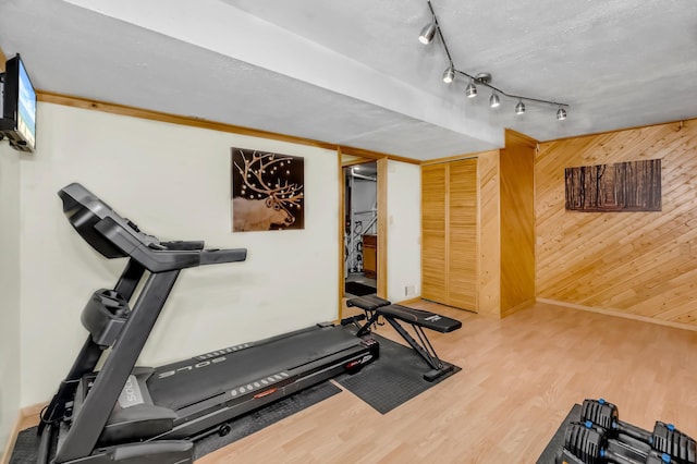 workout area featuring hardwood / wood-style floors and wood walls