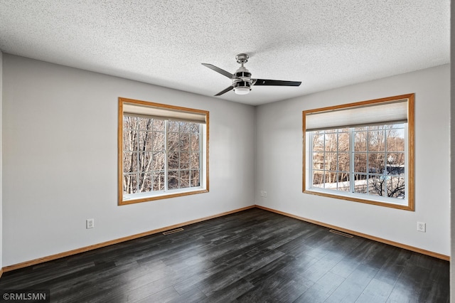 spare room featuring a wealth of natural light, dark hardwood / wood-style floors, and a textured ceiling