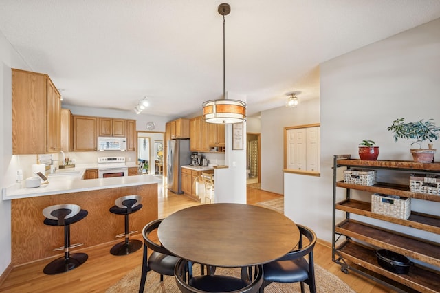 dining room with sink and light wood-type flooring