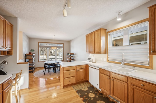 kitchen with sink, dishwasher, hanging light fixtures, kitchen peninsula, and light wood-type flooring