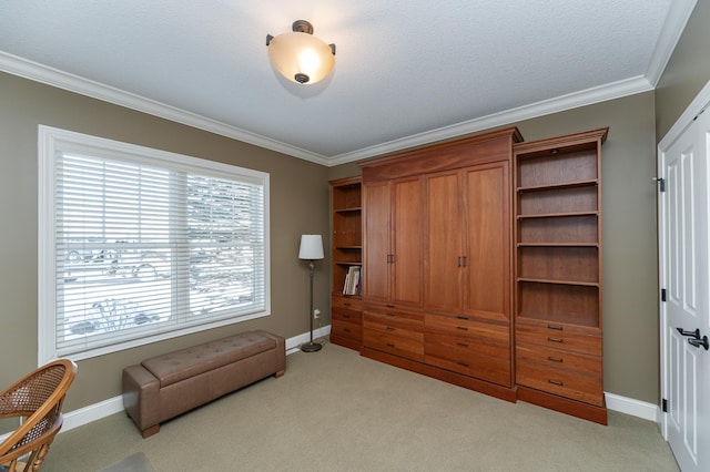 sitting room featuring light carpet, crown molding, a textured ceiling, and baseboards