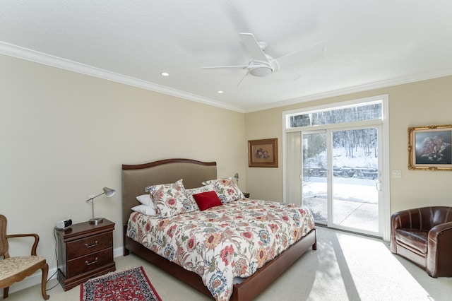 bedroom with light carpet, access to exterior, ceiling fan, and crown molding