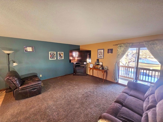 carpeted living room with a textured ceiling