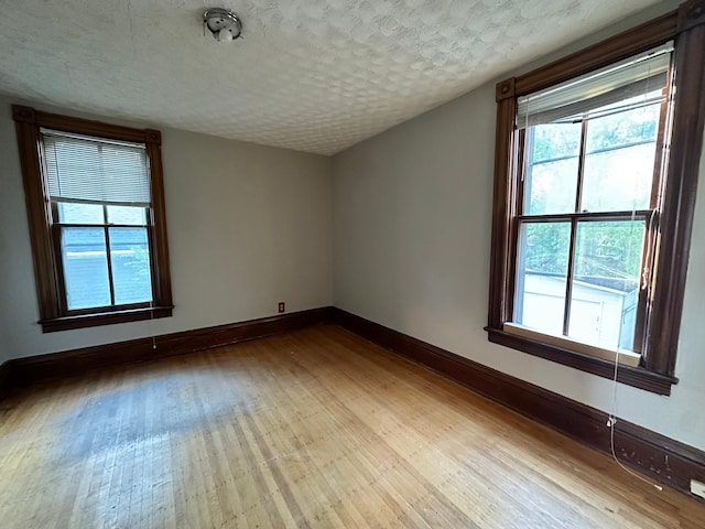 spare room with a wealth of natural light, a textured ceiling, and light hardwood / wood-style flooring