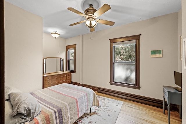 bedroom with ceiling fan and light hardwood / wood-style floors