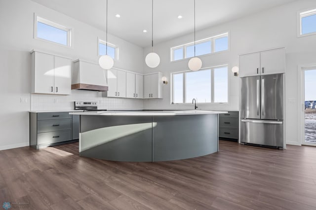 kitchen with stainless steel appliances, custom exhaust hood, and white cabinets