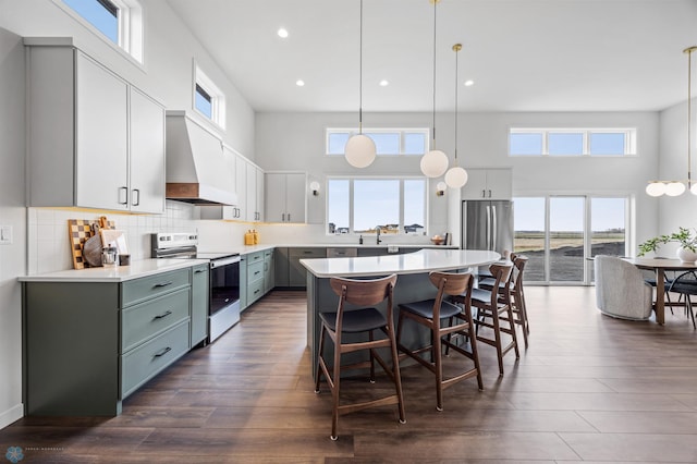 kitchen featuring a sink, a high ceiling, appliances with stainless steel finishes, and custom exhaust hood