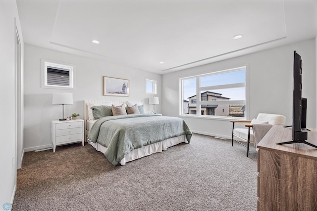 carpeted bedroom with recessed lighting and baseboards
