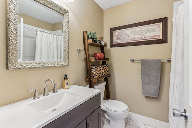 bathroom with tile patterned flooring, a shower with shower curtain, vanity, a textured ceiling, and toilet