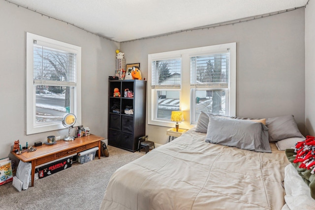 bedroom with multiple windows and carpet