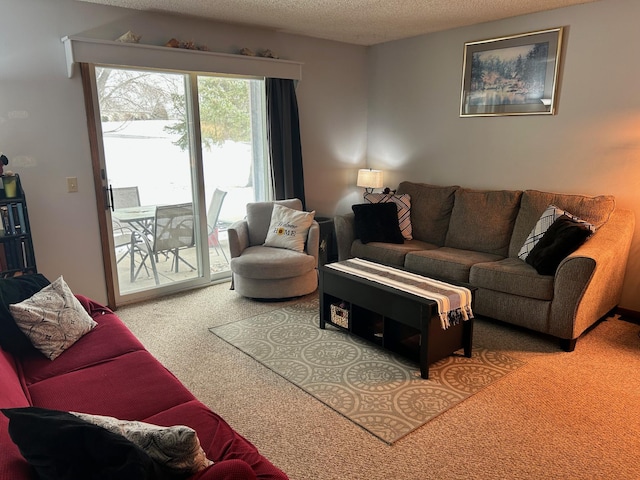 carpeted living room with a textured ceiling