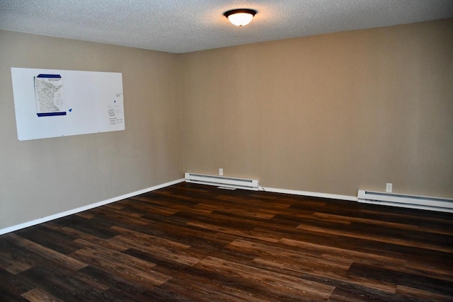 empty room featuring a baseboard radiator, a textured ceiling, and dark hardwood / wood-style flooring