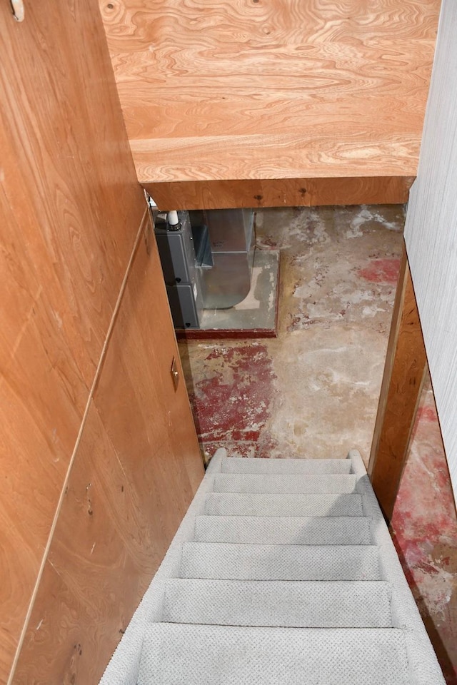 staircase featuring wooden walls