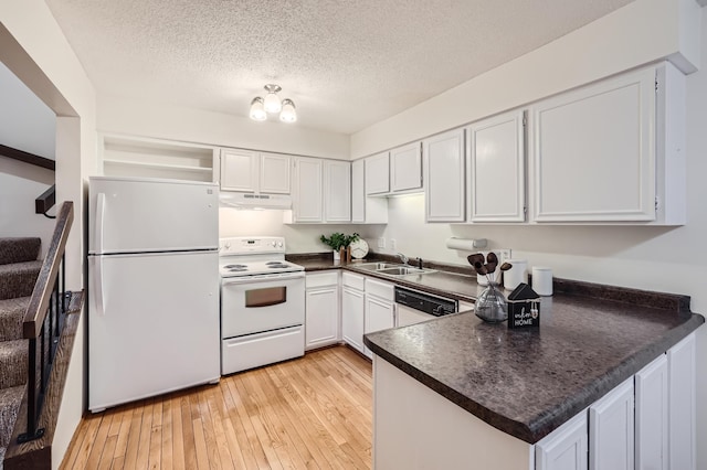 kitchen featuring white cabinetry, white appliances, and kitchen peninsula