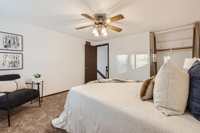 bedroom featuring a closet, ceiling fan, and carpet